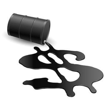 Drum with spilled oil and a dollar symbol on white