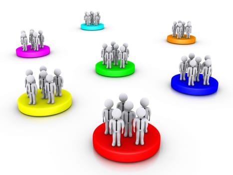 3d businessmen on different platforms at random places