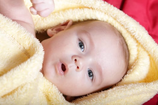 Newborn - close-up focus baby boy with yelow blanket