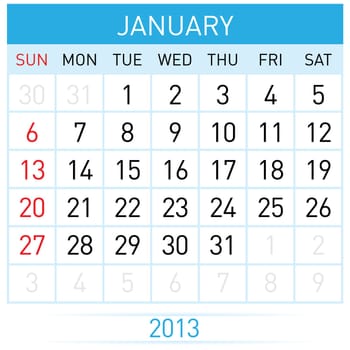 January Twenty-thirteen. Calendar Month. Illustration on white background