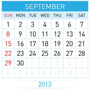 September Twenty-thirteen. Calendar Month. Illustration on white background