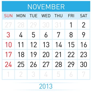 November Twenty-thirteen. Calendar Month. Illustration on white background