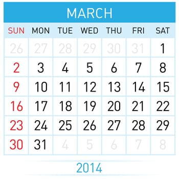 March Twenty-Fourteen. Calendar Month. Illustration on white background