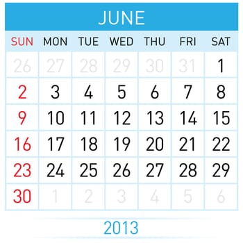 June Twenty-thirteen. Calendar Month. Illustration on white background