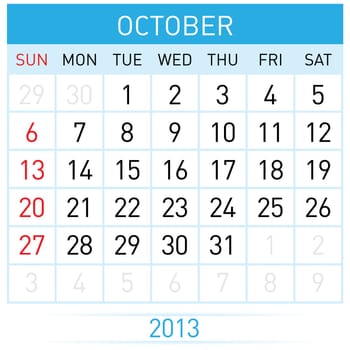 October Twenty-thirteen. Calendar Month. Illustration on white background