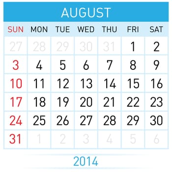 August Twenty-Fourteen. Calendar Month. Illustration on white background