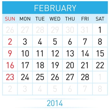 February Twenty-Fourteen. Calendar Month. Illustration on white background
