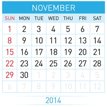 November Twenty-Fourteen. Calendar Month. Illustration on white background