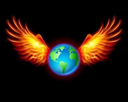 Planet the Earth with fiery wings, a color illustration on a black background