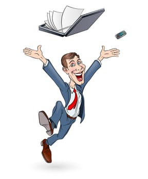 Happy businessman jumping. Sketch on white background. In color