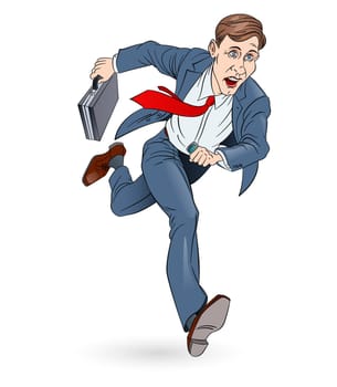 Businessman Running To Work With Briefcase. Illustration on white. In Color.
