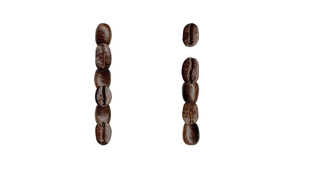 Alphabet symbol I from coffee beans. Illustration on white