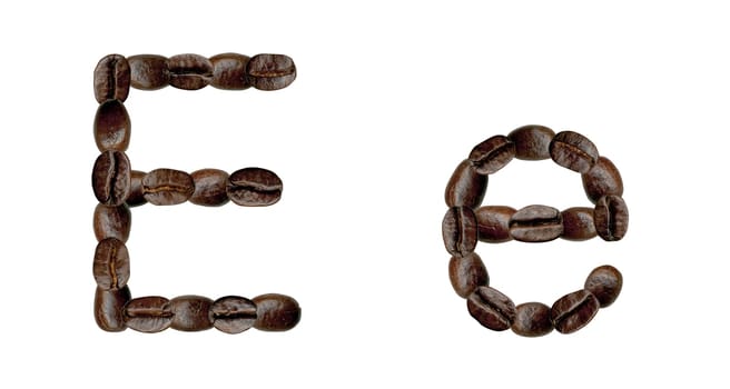 Alphabet symbol E from coffee beans. Illustration on white