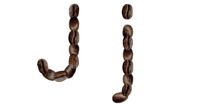 Alphabet symbol J from coffee beans. Illustration on white