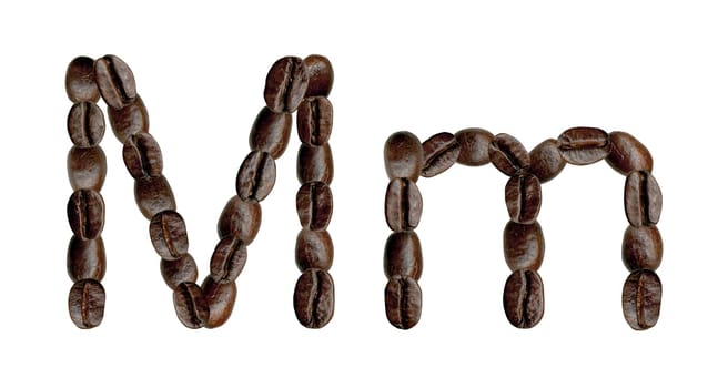 Alphabet symbol M from coffee beans. Illustration on white