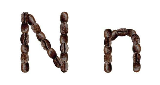 Alphabet symbol N from coffee beans. Illustration on white