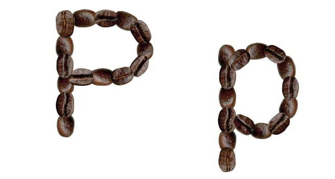 Alphabet symbol P from coffee beans. Illustration on white