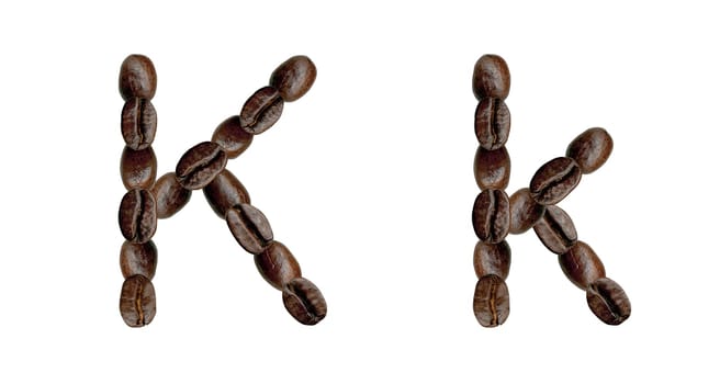 Alphabet symbol K from coffee beans. Illustration on white