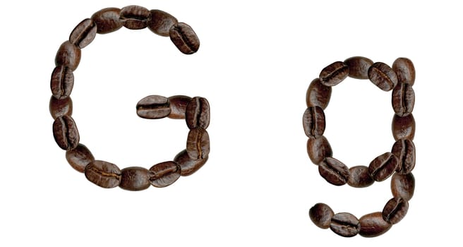 Alphabet symbol G from coffee beans. Illustration on white