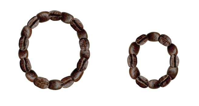 Alphabet symbol O from coffee beans. Illustration on white