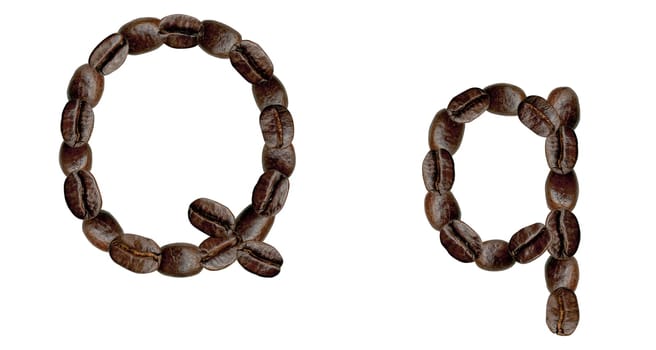 Alphabet symbol Q from coffee beans. Illustration on white