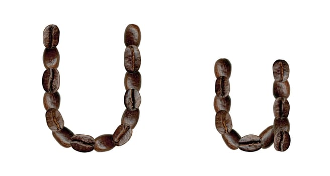 Alphabet symbol U from coffee beans. Illustration on white