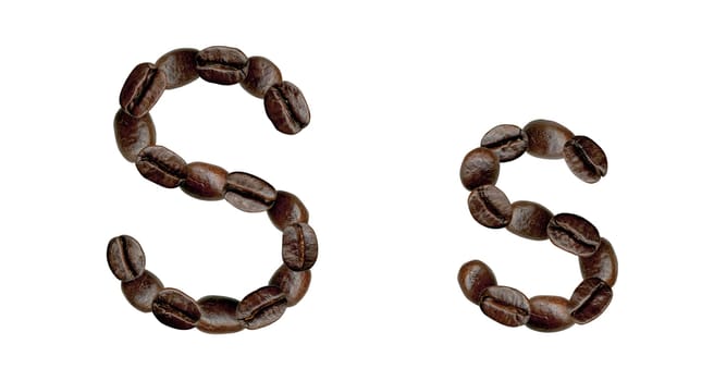Alphabet symbol S from coffee beans. Illustration on white