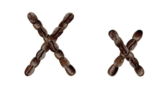 Alphabet symbol X from coffee beans. Illustration on white