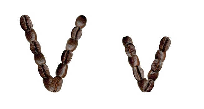 Alphabet symbol V from coffee beans. Illustration on white