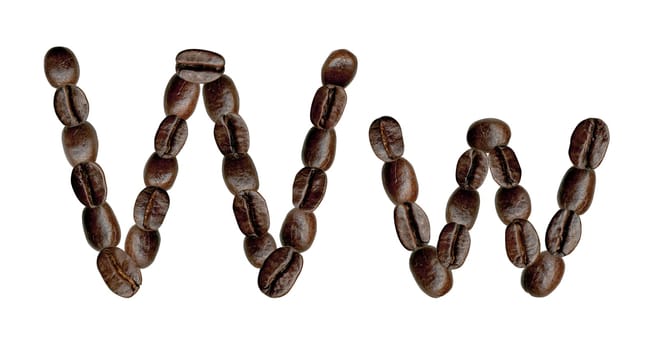 Alphabet symbol W from coffee beans. Illustration on white