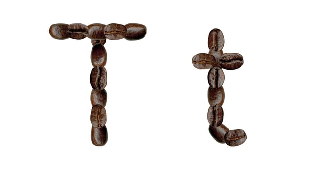 Alphabet symbol T from coffee beans. Illustration on white