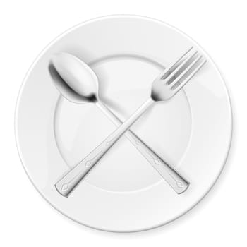 Spoon, fork and plate isolated on white background