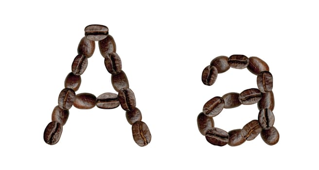 Alphabet symbol A from coffee beans. Illustration on white