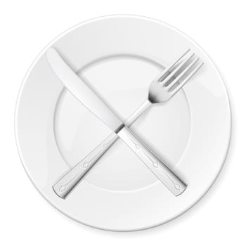 Fork, Knife and plate isolated on white background