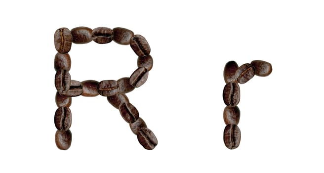 Alphabet symbol R from coffee beans. Illustration on white