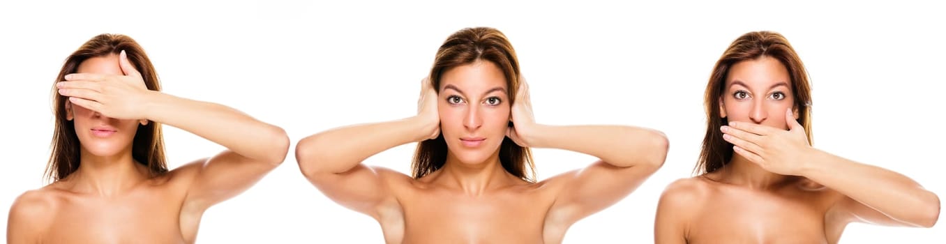 Young beautiful woman does not see,hear anything,speak nothing gestures
