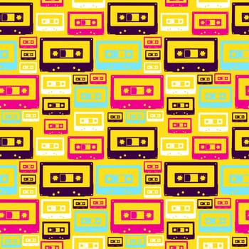 Pop audio cassette seamless pattern. Vector file layered for easy manipulation and custom coloring.