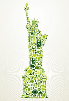 New York go green. Eco friendly icon set in Statue of Liberty shape illustration background. Vector file layered for easy manipulation and custom coloring.