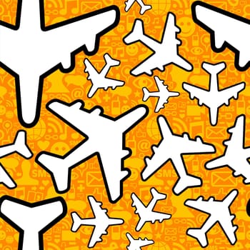 Social media networking in travel business. Airplane icon set seamless pattern background. Vector file layered for easy manipulation and custom coloring.