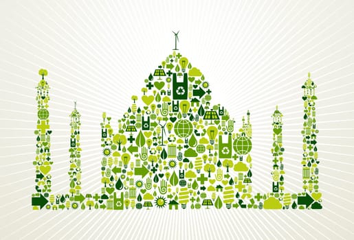 India go green. Eco friendly icon set in Taj Mahal shape illustration background. Vector file layered for easy manipulation and custom coloring.
