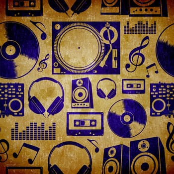 Dj music icon set vintage seamless pattern background.