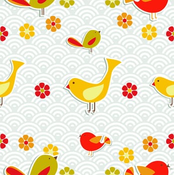 Fresh flowers and birds season seamless pattern background. Vector file layered for easy manipulation and custom coloring.