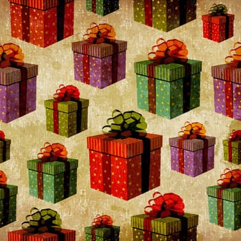 Vintage colorful gift boxes with important ribbons pattern background.