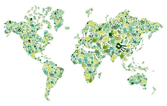 Go green human hands icons in World map composition background. Vector file layered for easy manipulation and custom coloring