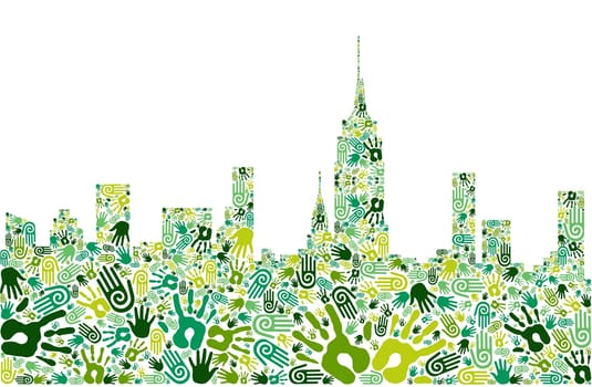 Go green crowd human hands icons in city skyline composition isolated over white. Vector file layered for easy manipulation and custom coloring