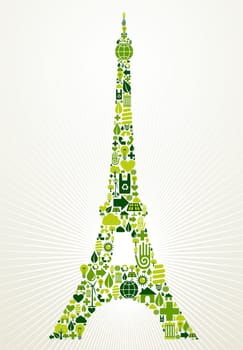 Paris go green. Eco friendly icon set in Eiffel Tower shape illustration background. Vector file layered for easy manipulation and custom coloring.