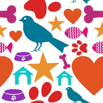 Pets care icons set seamless pattern background. Vector illustration layered for easy manipulation and custom coloring.