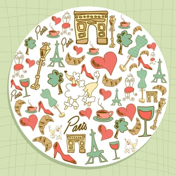 Hand drawn travel paris icon set circle. Vector file layered for easy manipulation and custom coloring.