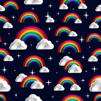 Rainbow and clouds cartoon seamless pattern. Vector illustration layered for easy manipulation and custom coloring.