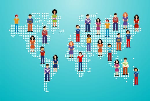 Global social media people network over World map. Vector illustration layered for easy manipulation and custom coloring.